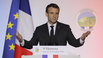 Emmanuel Macron à N'Djamena (Tchad), le 22 décembre 2018. (LUDOVIC MARIN / AFP)