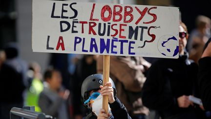 Une pancarte contre les lobbies, lors d'une manifestation à Marseille, le 16 mars 2019. (JEAN-PAUL PELISSIER / REUTERS)