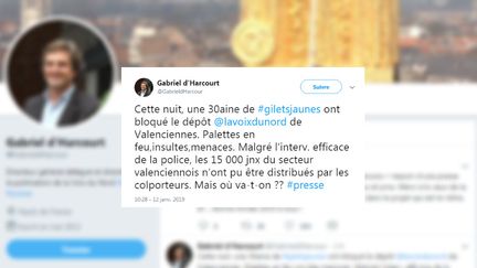 Le directeur de la publication de "La Voix du Nord", Gabriel d'Harcourt, a dénoncé le blocage du dépôt de "La Voix du Nord" organisé par des "gilets jaunes", dans la nuit de vendredi 11 au samedi 12 janvier. (GABRIEL D'HARCOURT / TWITTER)