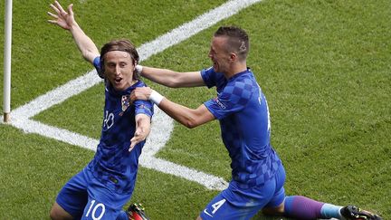 &nbsp; (Le croate Luka Modric célèbre son but, une superbe reprise de volée, juste avant la mi-temps  © Sipa)