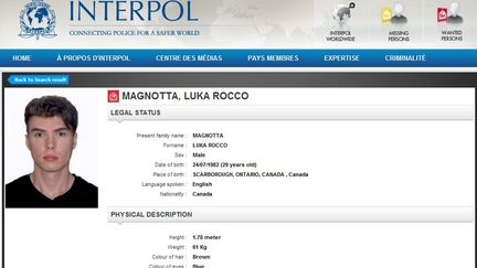 La fiche du Canadien Luka Rocco Magnotta sur le site d'Interpol, le 31 mai 2012.&nbsp; (INTERPOL)