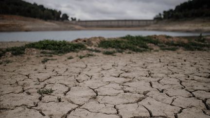 Vue du réservoir de Riudecanyes, le 4 mai 2023, à Tarragone (Catalogne). Le réservoir de Riudecanyes était en mai à 8,87% de sa capacité, tandis que celui de Siurana, à partir duquel l'eau est transférée chaque année, était à 7,76%. (EUROPA PRESS NEWS / EUROPA PRESS)