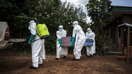 Des équipes de santé évacue un malade d'Ebola dans le Nord-Kivu, en République démocratique du Congo. (JOHN WESSELS / AFP)