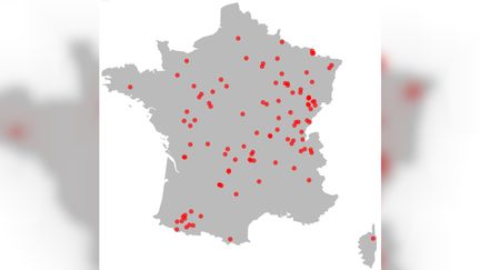 Les 106 communes sans candidat en France lors des élections municipales 2020. (ROBIN PRUDENT / FLOURISH)