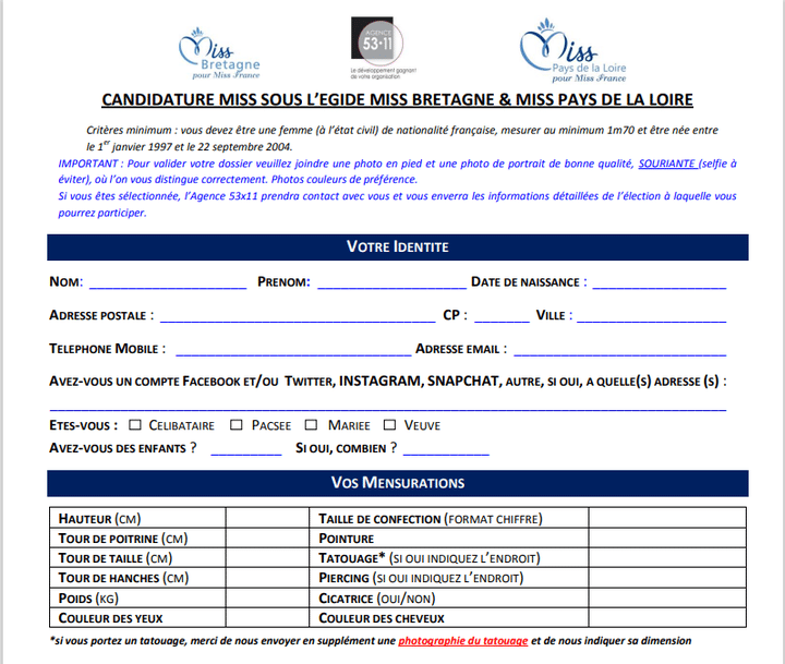 Dossier de candidature à l'élection régionale de Miss Bretagne et Miss Pays de la Loire 2023 (FRANCE INFO / RADIO FRANCE)