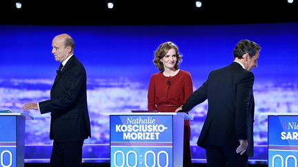 Alain Juppé, Nathalie Kosciusko-Morizet et Nicolas Sarkozy, jeudi 13 octobre 2016 à la plaine Saint-Denis, lors du premier débat télévisé sur la primaire à droite. (REUTERS)