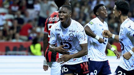 Bafodé Diakité, auteur du but de l'égalisation pour Lille contre Nice, le 11 août 2023 lors de la 1e journée de Ligue 1. (VALERY HACHE / AFP)