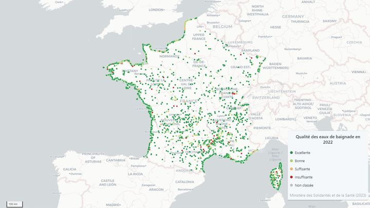 La qualité des eaux de baignade en 2022 en France. (CAPTURE ECRAN TERRAVISU)