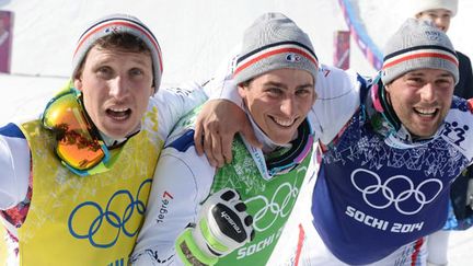 Le trio médaillé du skicross, Jonathan Midol, Jean-Frédéric Chapuis et Arnaud Bovolenta