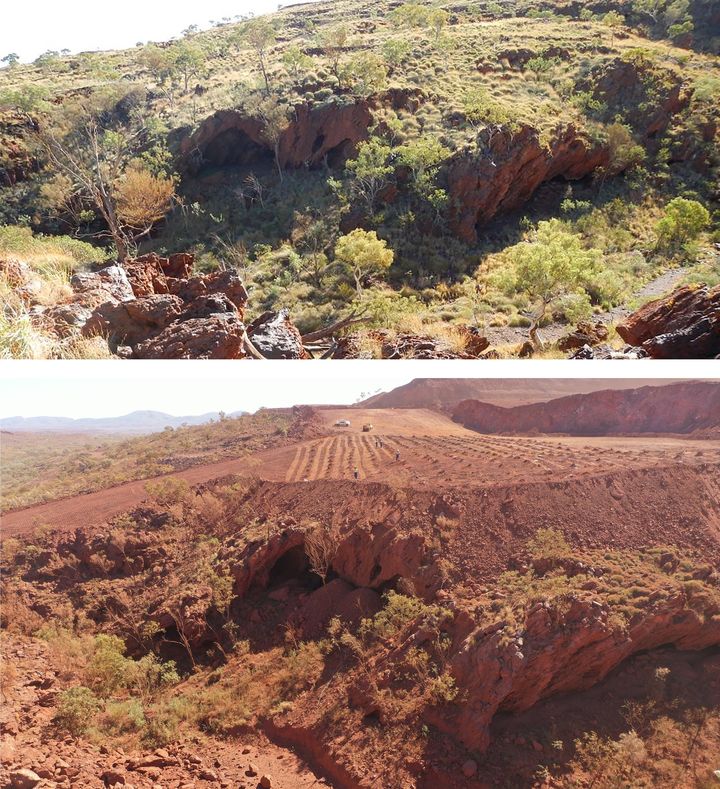 Un montage réalisé par le peuple du PKKP montre la Juukan Gorge, en Australie occidentale, un des plus anciens sites connus occupés par les Aborigènes, le 2 juin 2013 (en haut) et le 15 mai 2020 (en bas). Ou comment un site recelant 46.000 ans d'héritage aborigène a été endommagé par le géant minier Rio Tinto pour étendre ses mines de fer. (PETER PARKS / PKKP ABORIGINAL CORPORATION / AFP)