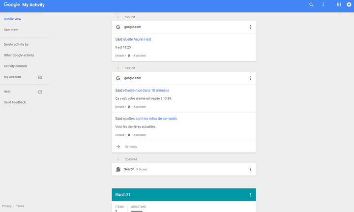 Dans la rubrique "Mon activité", google stocke toutes les interractions avec ses services, comme ici avec l'assistant vocal Google Home. (GOOGLE)