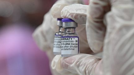 Un flacon contenant le vaccin&nbsp;contre le Covid-19 de Pfizer, dans un centre de vaccination aux&nbsp;Philippines, le 3 novembre 2021. (TED ALJIBE / AFP)