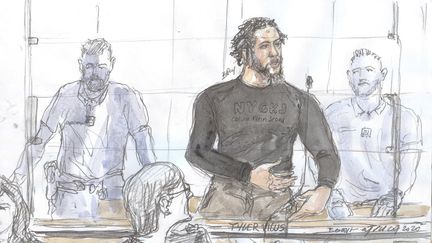 Un dessin du jihadiste français Tyler Vilus à son procès au tribunal de Paris, le 25 juin 2020. (BENOIT PEYRUCQ / AFP)