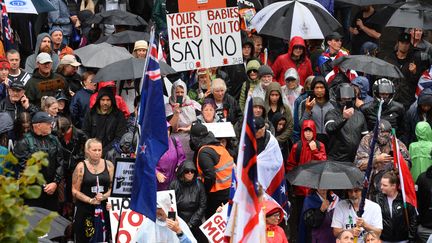 Des manifestants anti-vaccin&nbsp;et contre les restrictions sanitaires manifestent à&nbsp;Christchurch (Nouvelle-Zélande), le 12 février 2022. (SANKA VIDANAGAMA / NURPHOTO / AFP)