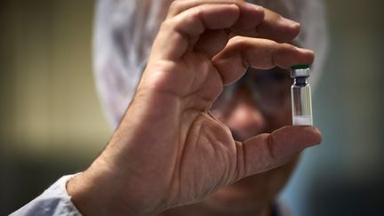 Une fiole de vaccin dans une usine du groupe pharmaceutique Sanofi Pasteur à Marcy-l'Etoile (Rhône), le 7&nbsp;juillet 2016. (JEAN-PHILIPPE KSIAZEK / AFP)