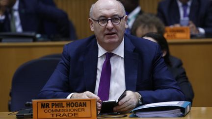 Phil Hogan, alors&nbsp;commissaire européen au commerce, participe à la 10e réunion de la Commission de l'Union européenne et de l'Union africaine à Addis-Abeba, en Éthiopie, le 27 février 2020. (MINASSE WONDIMU HAILU / ANADOLU AGENCY / AFP)