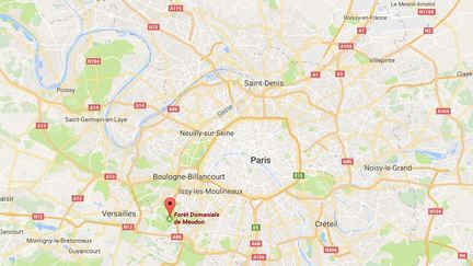 Capture d'écran de Google maps pointant la forêt de Meudon (Hauts-de-Seine) où un chauffeur de VTC a trouvé, le 25 avril 2017, &nbsp;un homme nu, avec une balle dans la bouche, se faire promener en laisse par une jeune femme. (GOOGLE MAPS)