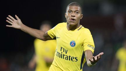 Premier match de Kylian Mbappé sous les couleurs du Paris Saint-Germain et premier but, contre Metz (victoire 5-1), le 8 septembre 2017. (DAVID NIVIERE/SIPA)