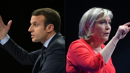 Emmanuel Macron et Marine Le Pen&nbsp;respectivement photographiés le 10 décembre 2016 à Paris et le 11 mars 2017 à Déols (Indre). (ERIC FEFERBERG / AFP)