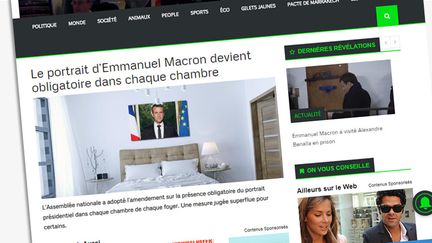 Capture d'écarn d'un site&nbsp;prétendant&nbsp;que le portrait d'Emmanuel Macron serait "obligatoire dans chaque chambre". (CAPTURE D'ÉCRAN)