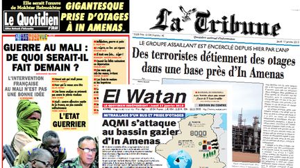 Les unes de trois quotidiens alg&eacute;riens : "El Watan", "Le Quotidien d'Oran" et "La Tribune", jeudi 17 janvier 2013. (MONTAGE / FTVI)