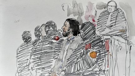 Dessin d'audience réalisé le 5 février 2018, lors du procès du jihadiste Salah Abdeslam, à Bruxelles (Belgique).&nbsp; (BENOIT PEYRUCQ / AFP)