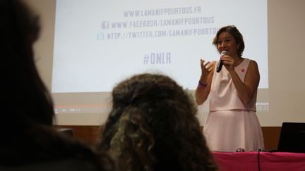 Ludovine de la Roch&egrave;re, pr&eacute;sidente de la Manif pour tous, intervient lors d&rsquo;une conf&eacute;rence sur le "genre &agrave; l&rsquo;&eacute;cole" &agrave; Saint-Mand&eacute; (Val-de-Marne), le 17 septembre 2014. (MATHIEU DEHLINGER / FRANCETV INFO)