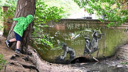 Une œuvre de l'artiste Banksy, dans un parc de Lowestoft (Royaume-Uni) le 8 août 2021. (JUSTIN TALLIS / AFP)