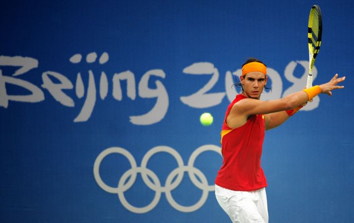 L'Espagnol Rafael Nadal aux Jeux olympiques de Pékin, mercredi 13 août 2008. (JOE KLAMAR / AFP)