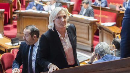 Marine Le Pen à l'Assemblée nationale lors du débat sur le projet de loi de finances, le 24 octobre 2024. (VINCENT ISORE / MAXPPP)