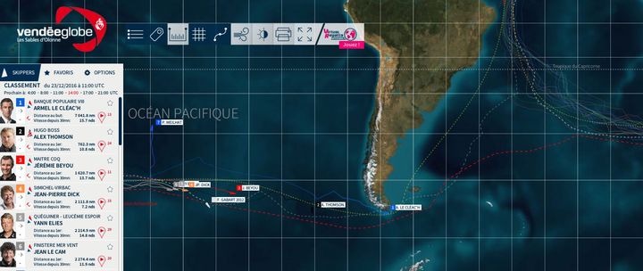 Capture d'écran de la carte interactive du Vendée Globe. On y voit le bateau d'Armel Le Cléac'h au sud de l'Argentine.&nbsp; (VENDEE GLOBE)