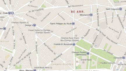 L'homme a sorti une arme de poing et tir&eacute; sur des policiers lundi 21 avril 2014 dans le 8e arrondissement de Paris, avant d'&ecirc;tre interpell&eacute; sans faire de victime.&nbsp; ( GOOGLE MAPS / FRANCETV INFO )