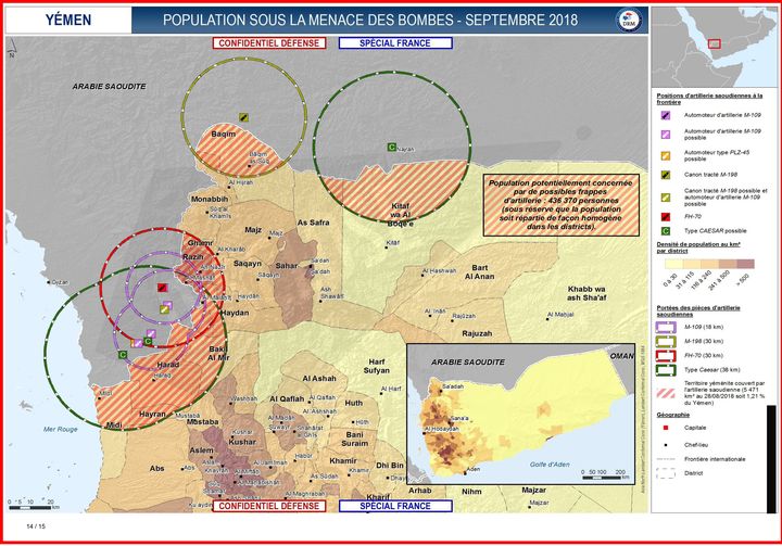 Extrait d'un document confidentiel défense présentant la "population potentiellement concernée par de possibles frappes d’artillerie" au Yémen, soit "436 370 personnes" (DISCLOSE)