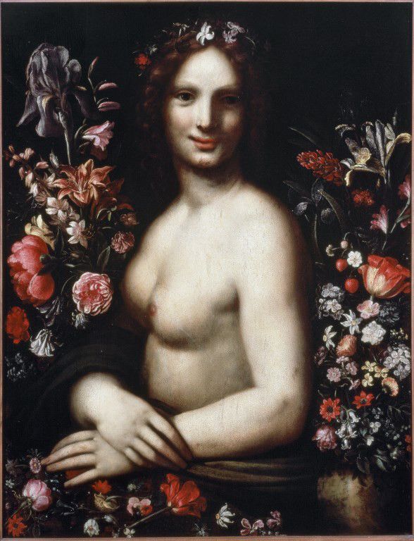 "Buste de jeune femme dit Flore (Flora) parmi les fleurs" Le modele serait la Joconde (Mona ou Monna Lisa),17e siecle Bergame, accademia Carrara 
 (Leemage)