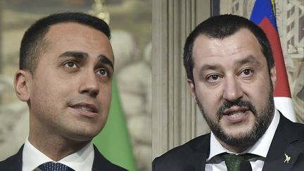 A gauche, Luigi Di Maio, chef de file du Mouvement 5 étoiles, le 7 mai 2018.&nbsp;A droite, Matteo Salvini, à la tête du parti d'extrême droite la Ligue, le 12 avril 2018, à Rome. (TIZIANA FABI / AFP)