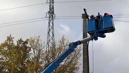 Des agents d'Enedis interviennent sur une ligne électrique endommagée par la tempête Caetano à Muilleron-le-Captif (Vendée), le 21 novembre 2024. (ESTELLE RUIZ / HANS LUCAS / AFP)