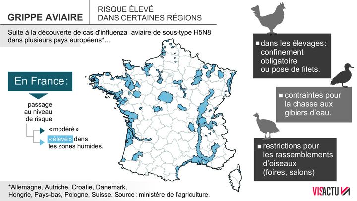 Grippe aviaire : de nouvelles mesures en raison du risuqe élevé - carte au17/11/2016 (VISACTU)