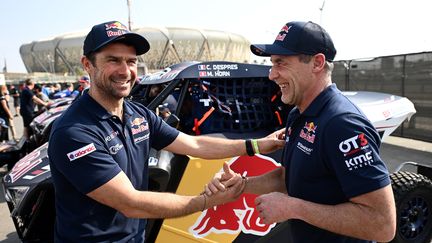 Le pilote&nbsp;Cyril Despres et le co-pilote Mike Horn, avant le départ du rallye-Dakar, à Jeddah, le 4 janvier 2020. (FRANCK FIFE / AFP)