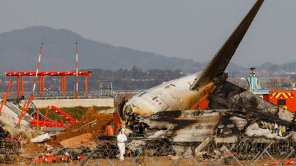 L'avion accidenté sur la piste de l'aéroport international de Muan à Muan-gun, en Corée du Sud, le 29 décembre 2024. (CHRIS JUNG / NURPHOTO / AFP)