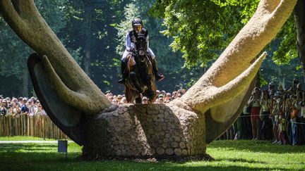 Le cavalier allemand Michael Jung franchit un obstacle en forme de cornes de cerf, dans le parc du château de Versailles, le 28 juillet 2024. (CHRISTOPHE BRICOT / AFP)