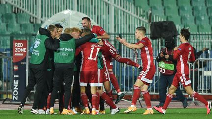 Les joueurs hongrois célèbrent le but de Zsolt Kalmer. (NIKOLAY DOYCHINOV / AFP)