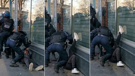 Photomontage de plusieurs captures d'écran d'une vidéo montrant un policier frappant un manifestant à terre, le 19 janvier 2020 à Paris, lors d'une manifestation des "gilets jaunes".&nbsp; (AFP)