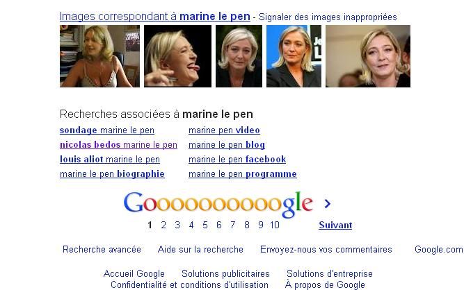 Capture d'écran des recherches associées à Marine Le Pen, comme "Nicolas Bedos" (DR)