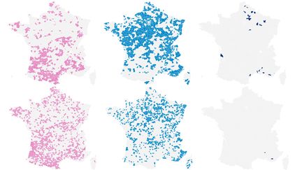 Cartes de l'impl&eacute;mentation du vote du PS, de l'UMP et du FN aux &eacute;lections d&eacute;partementales 2015 et cantonales 2011. (NICOLAS ENAULT / FRANCETV INFO)