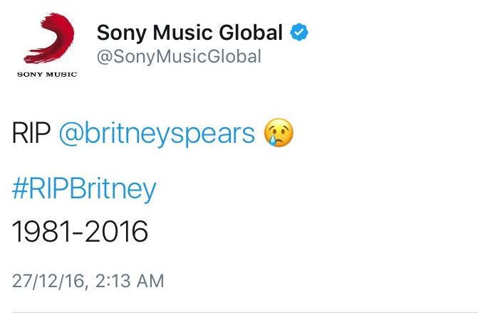 Le compte Sony annonçant la mort de Britney Spears.&nbsp; (TWITTER)