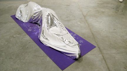 Klaus Weber expose la sculpture d’un corps étendu sous une couverture de survie. La couverture suit la forme du corps et construit quelque chose comme une capuche autour de la tête, tenue par-dessous, ce qui tendrait à prouver que la personne est vivante – et les matériaux utilisés, la qualité des reflets et la reproduction de chaque pli ne laissent aucun doute. 
 (Anne-Sophie Saboureau)