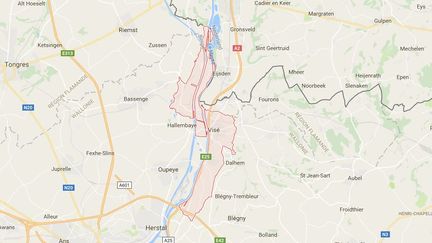 Le changement de frontière se fera sur la commune de Visé (Belgique), où la Meuse fait office de frontière naturelle avec les Pays-Bas.&nbsp; (GOOGLE MAPS / FRANCEINFO)