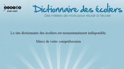 Une capture d'&eacute;cran du site Le dictionnaire des &eacute;coliers apr&egrave;s sa suspension d&eacute;cid&eacute;e par&nbsp;le minist&egrave;re de l'Education nationale, le 5 novembre 2012. (DICTIONNAIRE DES ÉCOLIERS)