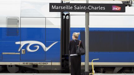 Une usag&egrave;re attend un train &agrave; la gare SNCF de Marseille Saint-Charles au huiti&egrave;me jour de la gr&egrave;ve, le 18 juin 2014. (BORIS HORVAT / AFP)