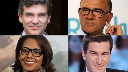 L'UMP et certains m&eacute;dias soup&ccedil;onnent Arnaud Montebourg, Pierre Moscovici, Audrey Pulvar et Matthieu Pigasse de conflits d'int&eacute;r&ecirc;ts. (BERTRAND LANGLOIS / AFP)